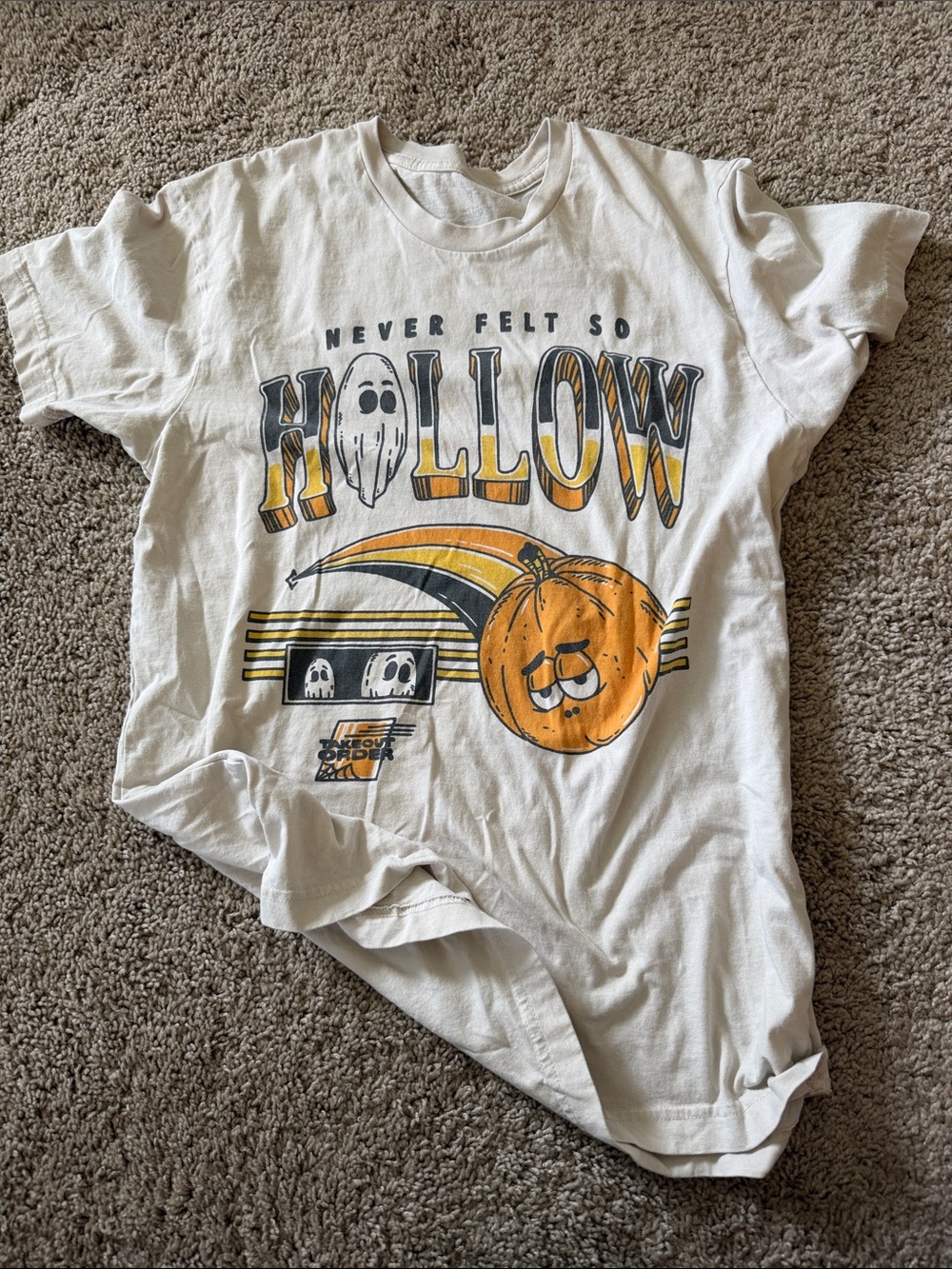 Beige Graphic Tee with Pumpkin Hollow Design - medium